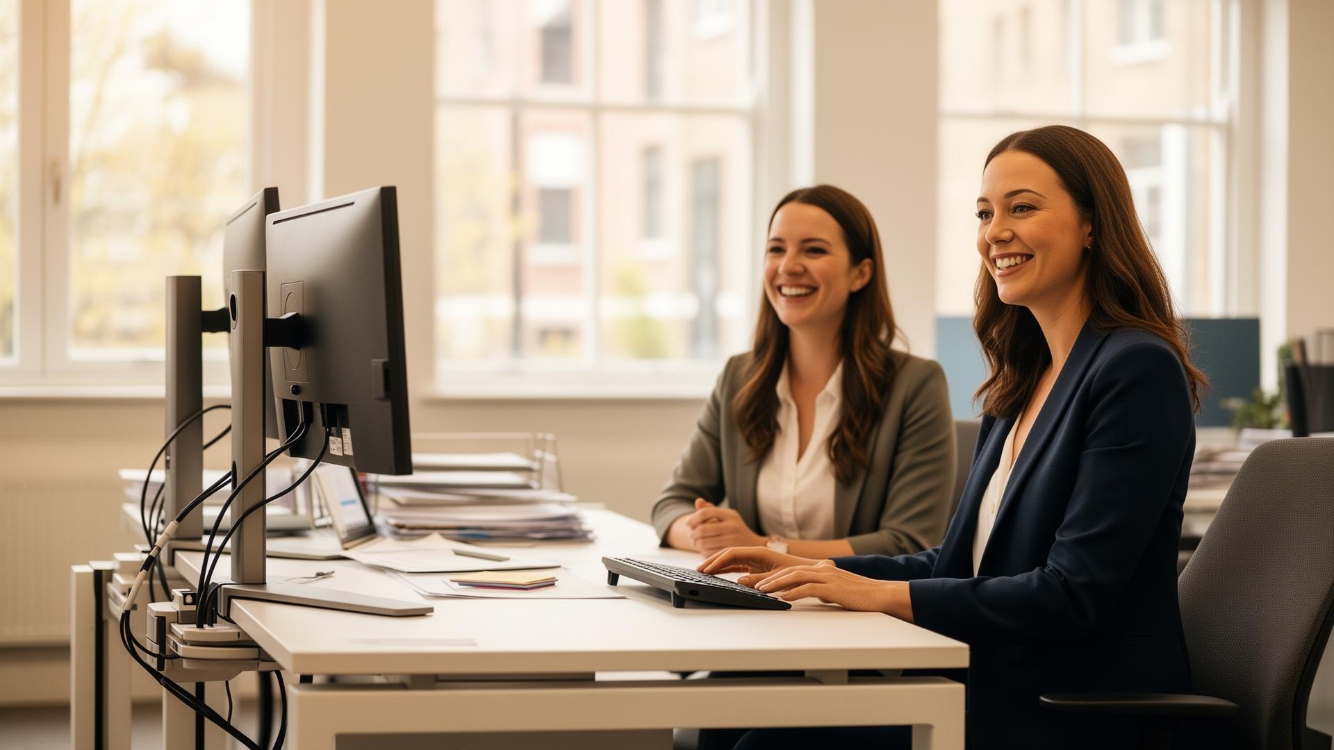 A workplace assessor helping an employee adjust their desk setup